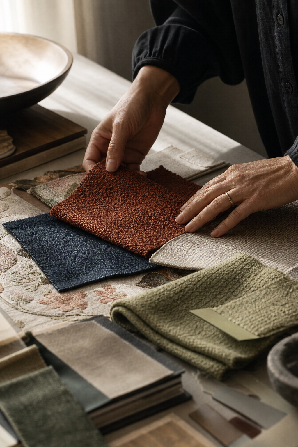 Fashion designer comparing fabric swatches by hand — the slow, manual way of trend research