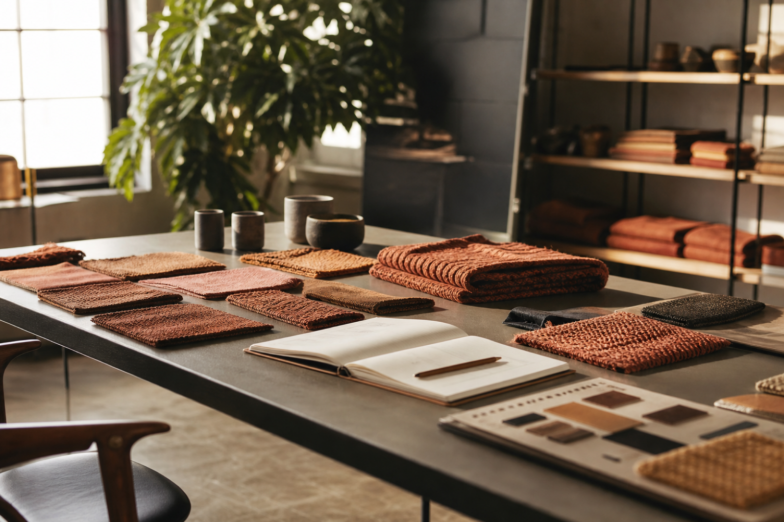 Studio table with fabric samples ready for a go or no-go decision